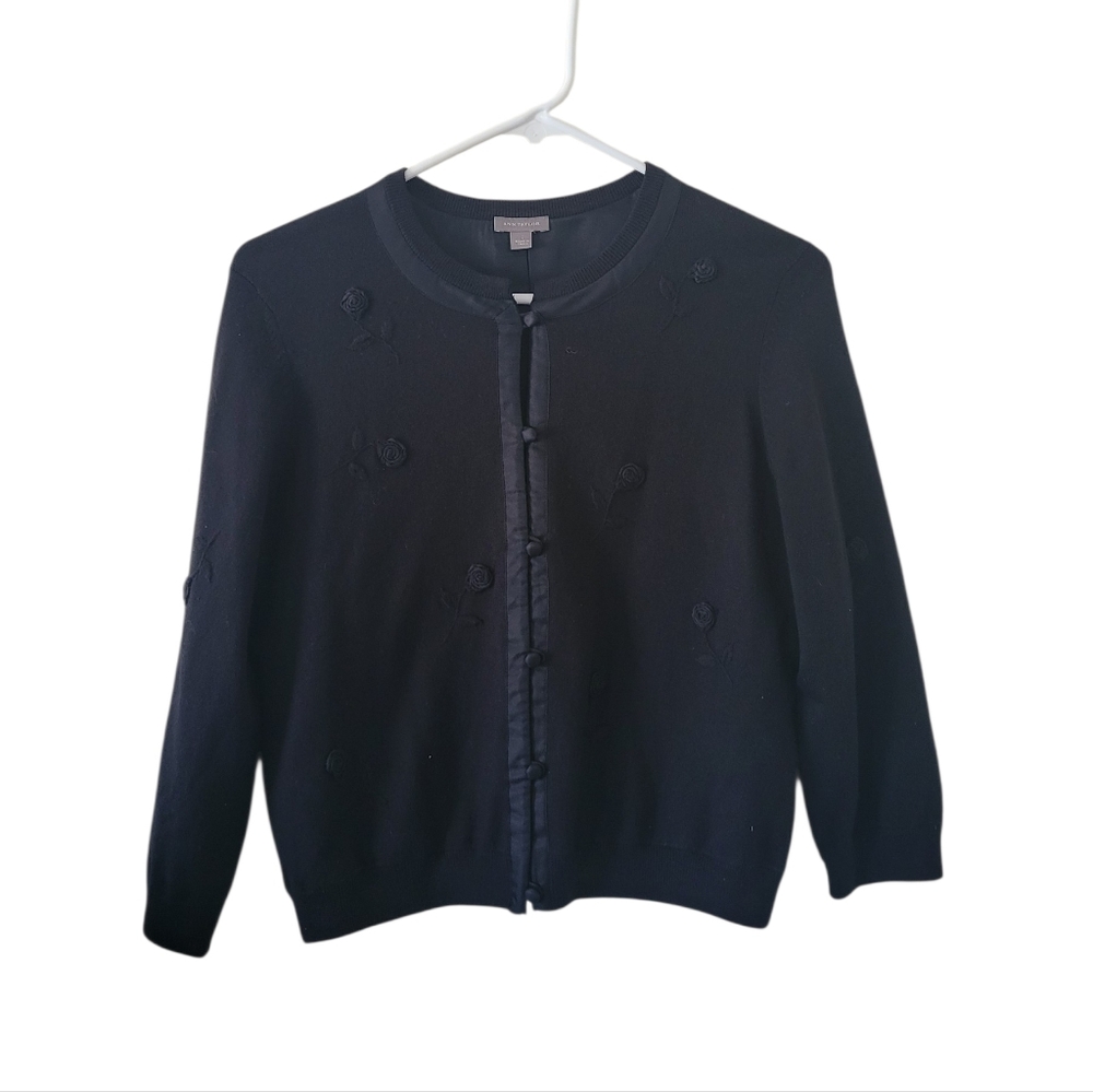 Ann Taylor Black Silk Blend Rose Detail Cardigan Sweater